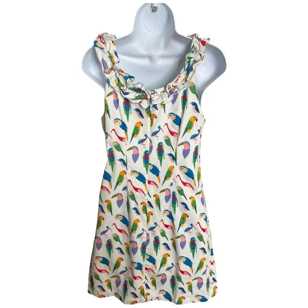 Larke Anthropologie sleeveless shift dress colorful parrots birds ruffle neck XS - Picture 5 of 9